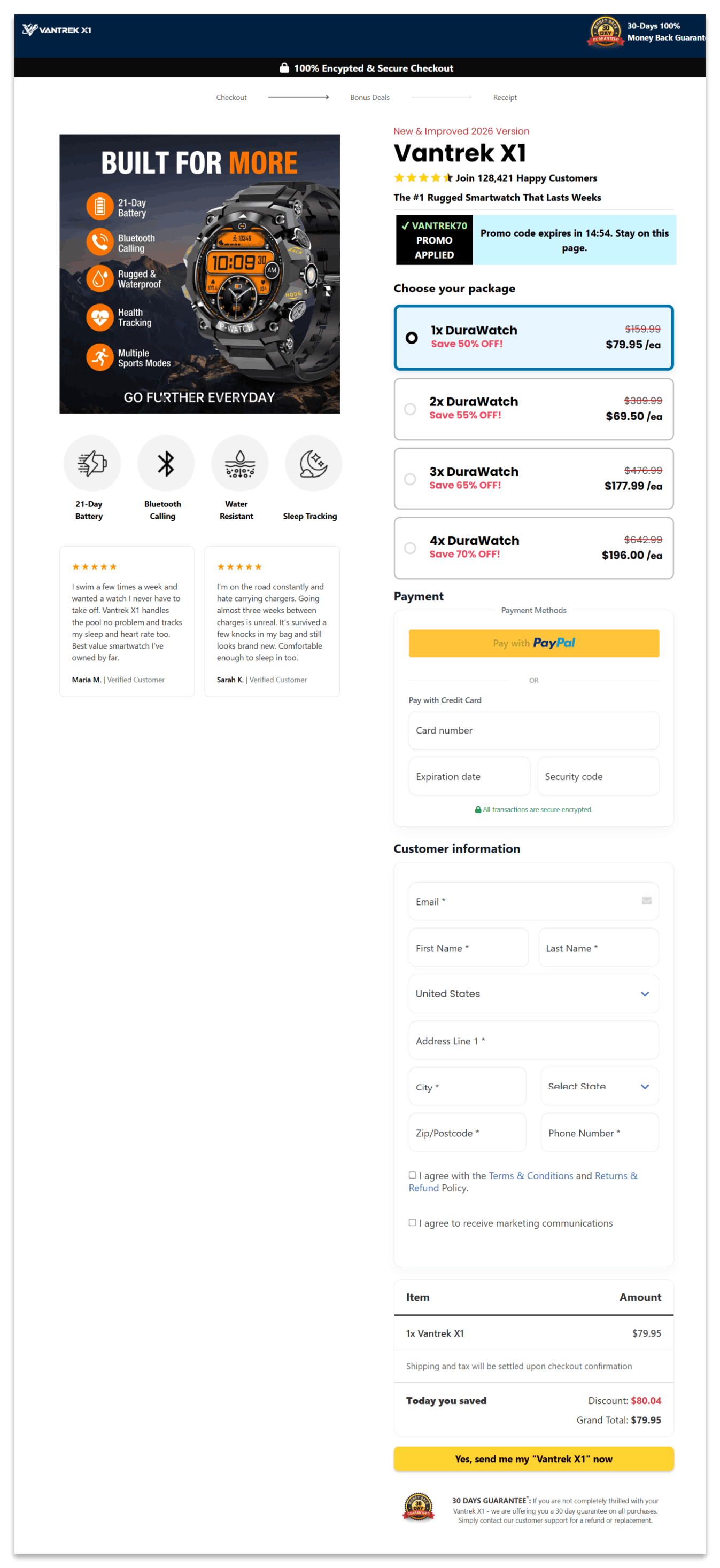 Vantrek X1 Smartwatch Secure Checkout Page